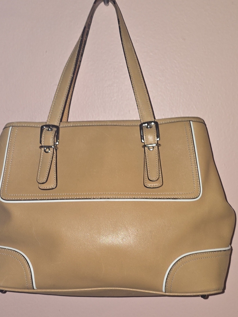 Vintage COACH Tan Leather Hampton Carryall Tote Bag White Trim Y2K
